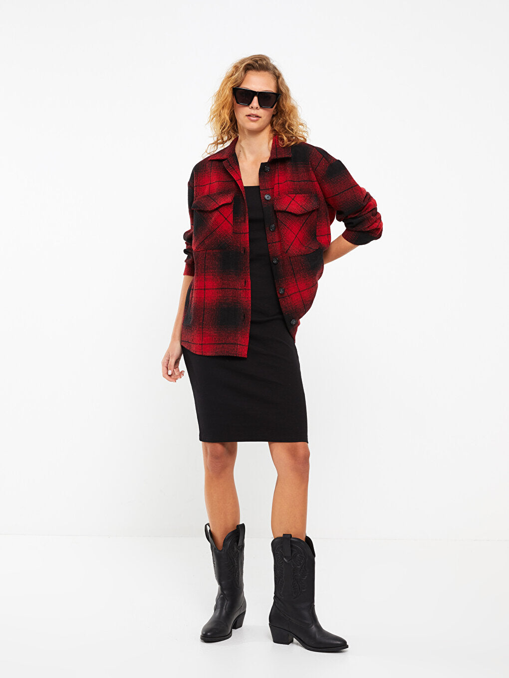 Front Button Closure Plaid Long Sleeve Women's Shirt Jacket