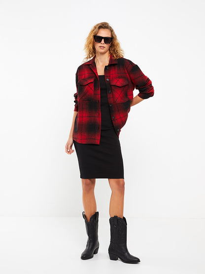 Front Button Closure Plaid Long Sleeve Women's Shirt Jacket