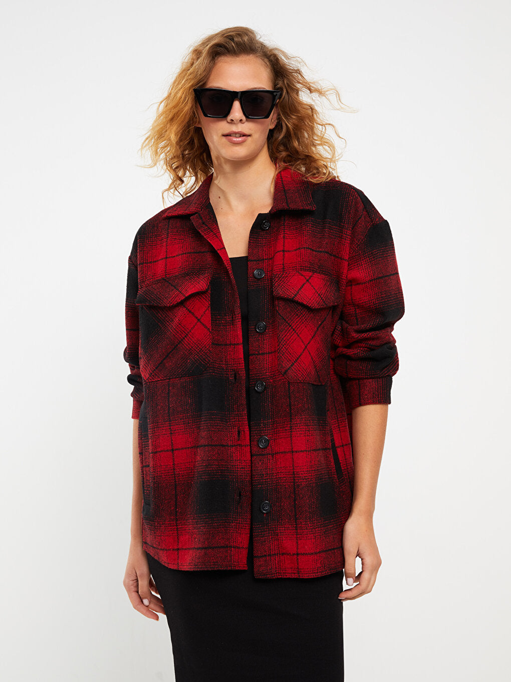 Front Button Closure Plaid Long Sleeve Women's Shirt Jacket