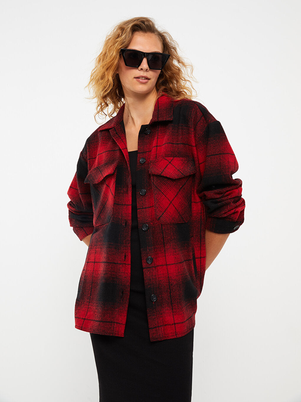 Front Button Closure Plaid Long Sleeve Women's Shirt Jacket