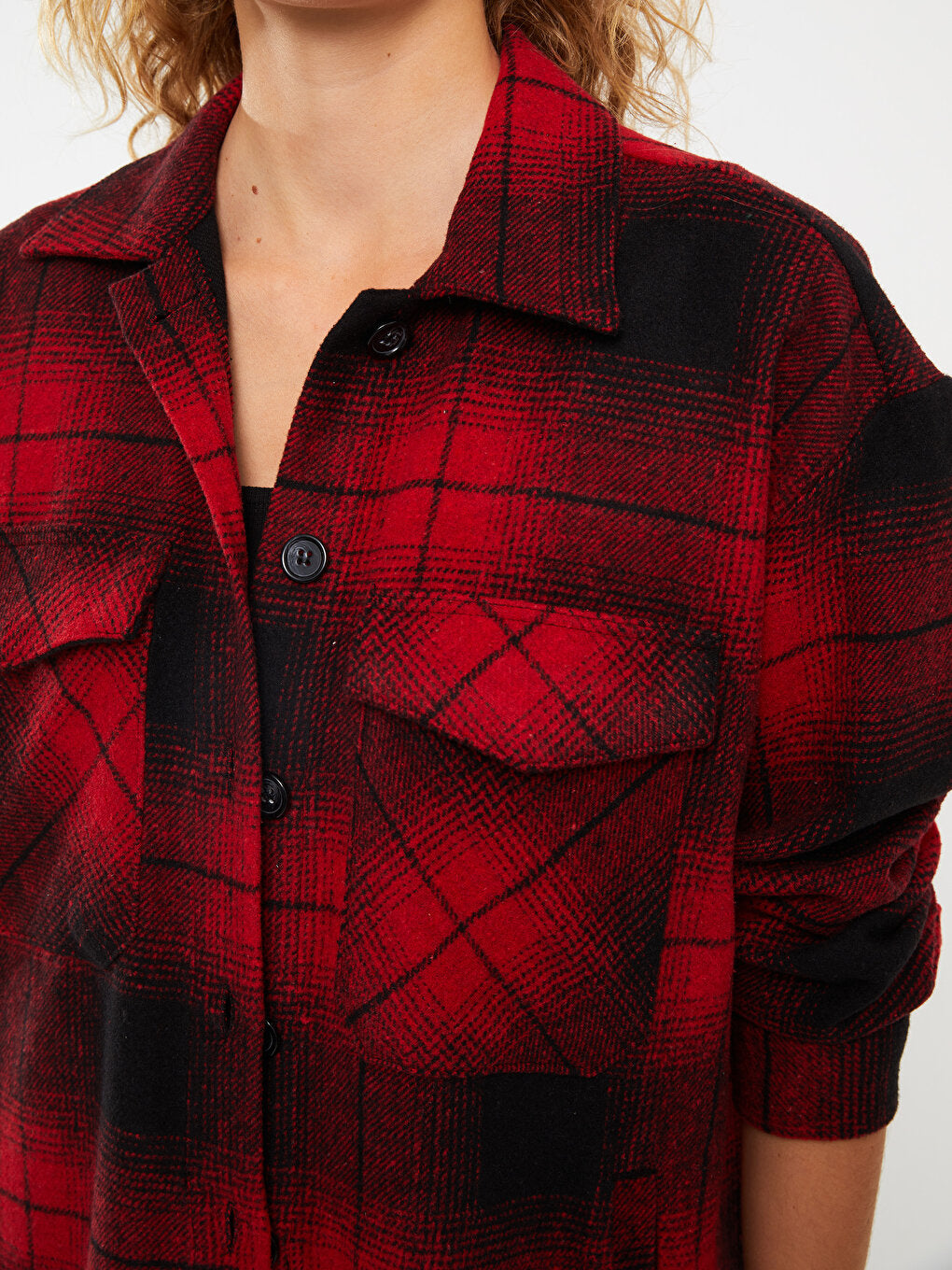 Front Button Closure Plaid Long Sleeve Women's Shirt Jacket