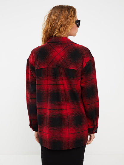 Front Button Closure Plaid Long Sleeve Women's Shirt Jacket