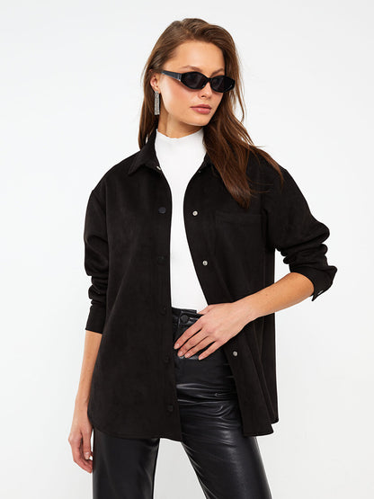 Plain Long Sleeve Women's Shirt Jacket with Front Snap Closure