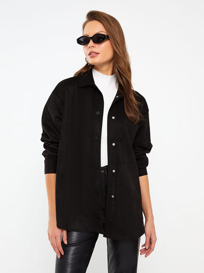 Plain Long Sleeve Women's Shirt Jacket with Front Snap Closure