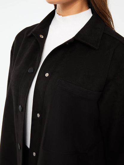 Plain Long Sleeve Women's Shirt Jacket with Front Snap Closure