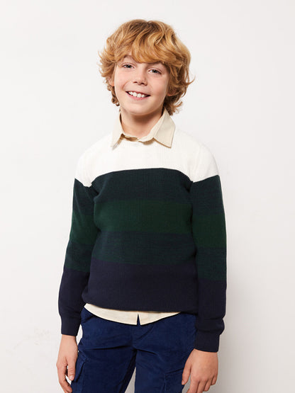 Crew Neck Color Block Long Sleeve Boy's Knitwear Sweater