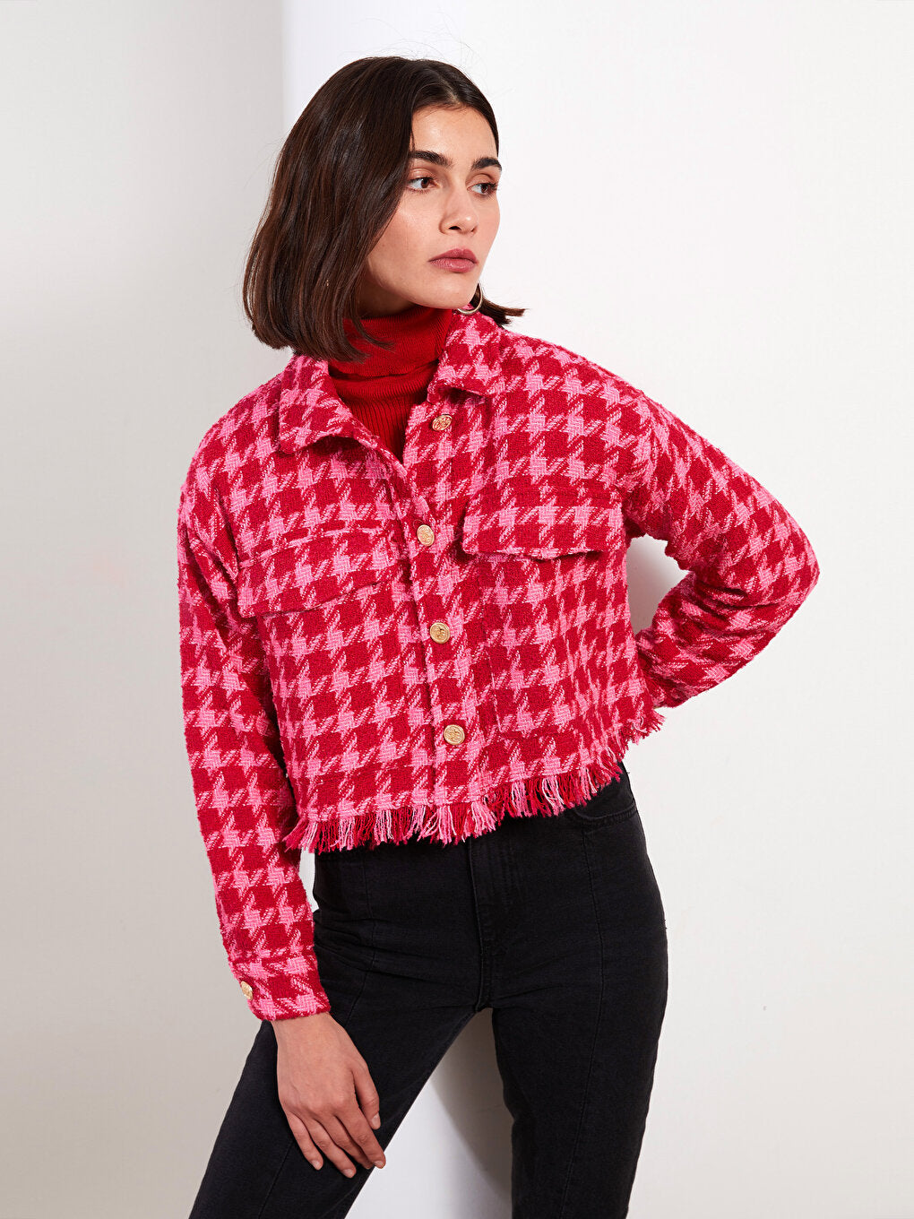 Patterned Long Sleeve Tweed Oversize Women's Shirt Jacket