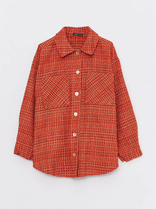 Front Button Closure Long Sleeve Plaid Women's Oversize Shirt Jacket