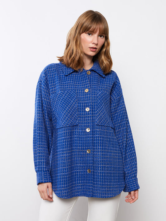 Front Button Closure Long Sleeve Plaid Women's Oversize Shirt Jacket