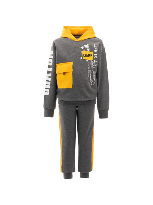 Hooded Long Sleeve Printed Baby Boy Sweatshirt and Tracksuit Bottom 2-Piece Set