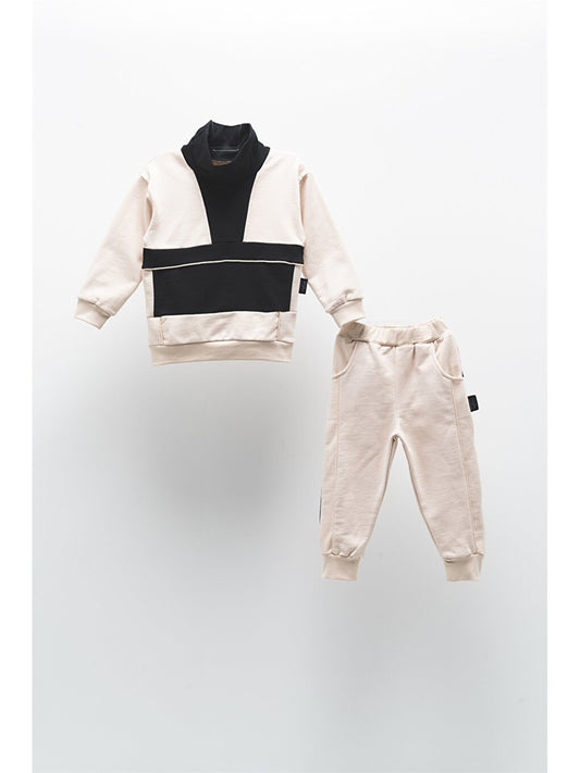 Stand Collar Long Sleeve Color Block Unisex Baby 2 Piece Set