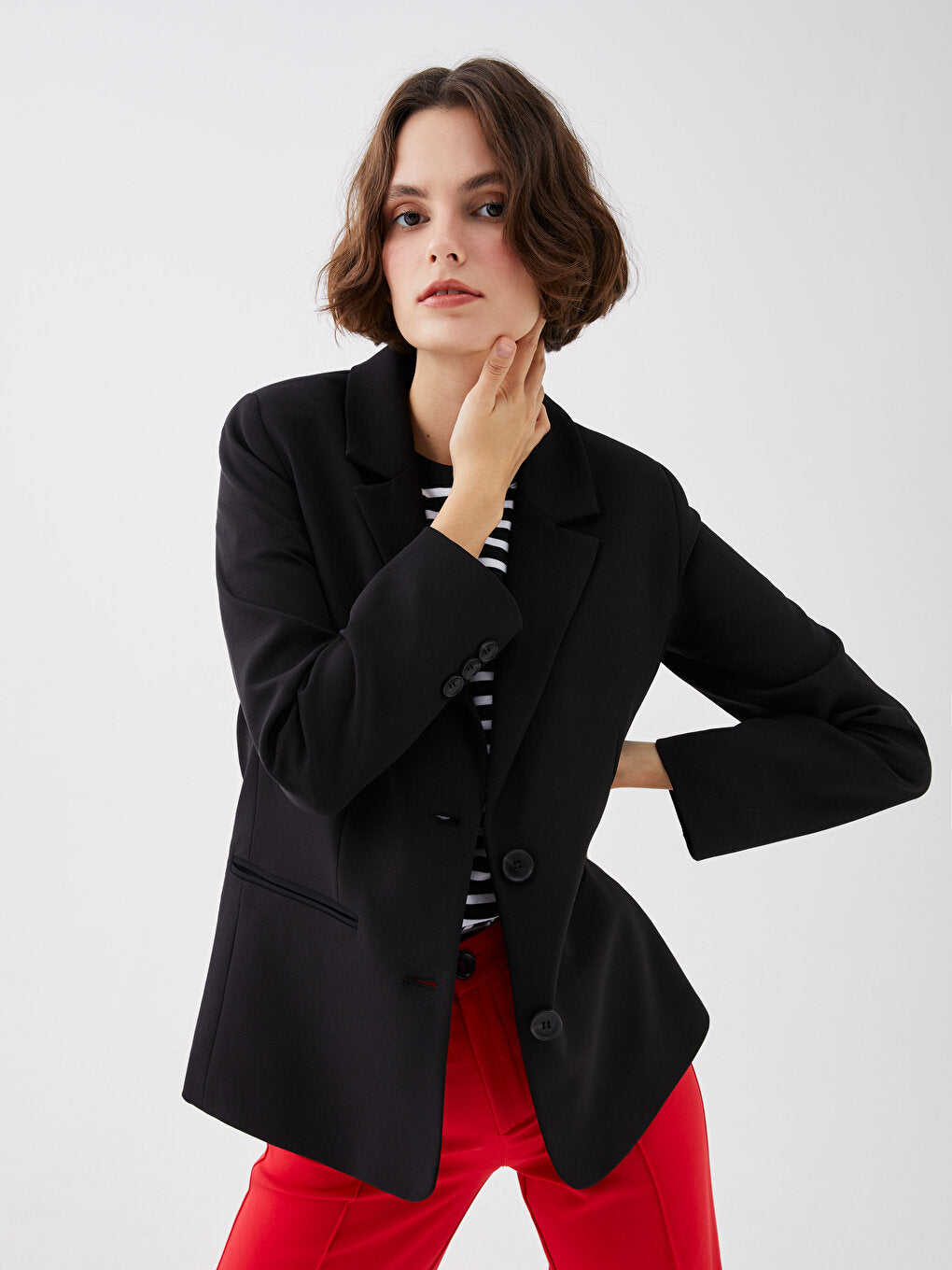 Front Button Closure Plain Long Sleeve Women's Blazer Jacket