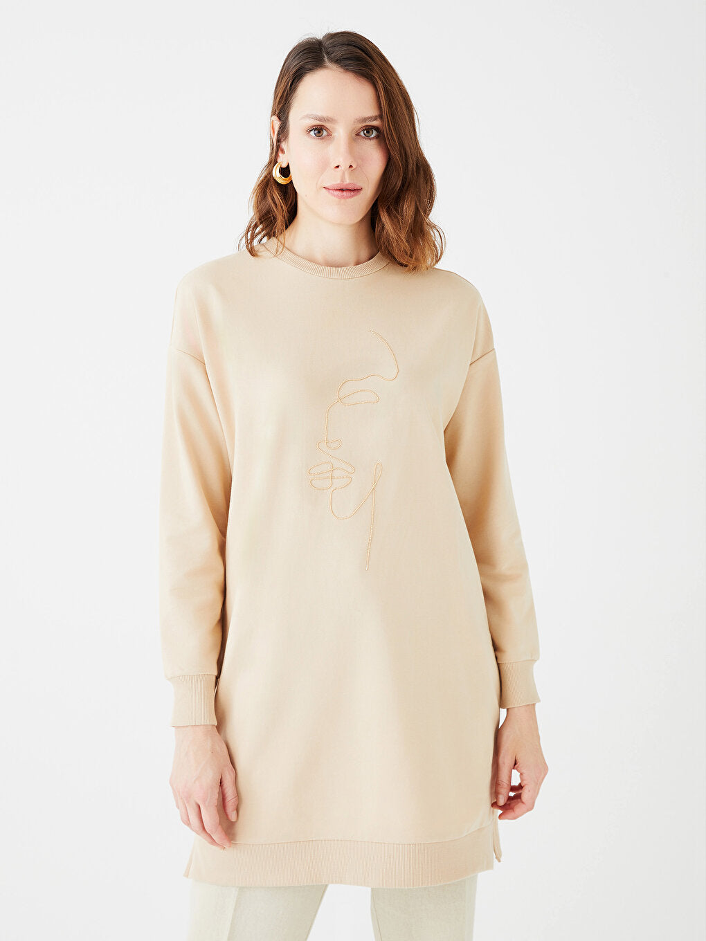 Crew Neck Embroidered Long Sleeve Women's Sweatshirt Tunic