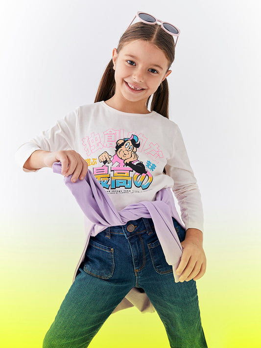 Crew Neck Nostalgic Monkey Printed Long Sleeve Girls' T-Shirt