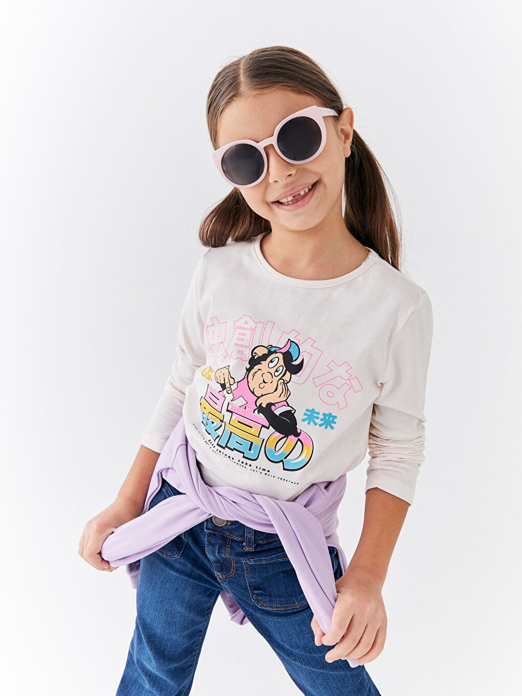 Crew Neck Nostalgic Monkey Printed Long Sleeve Girls' T-Shirt