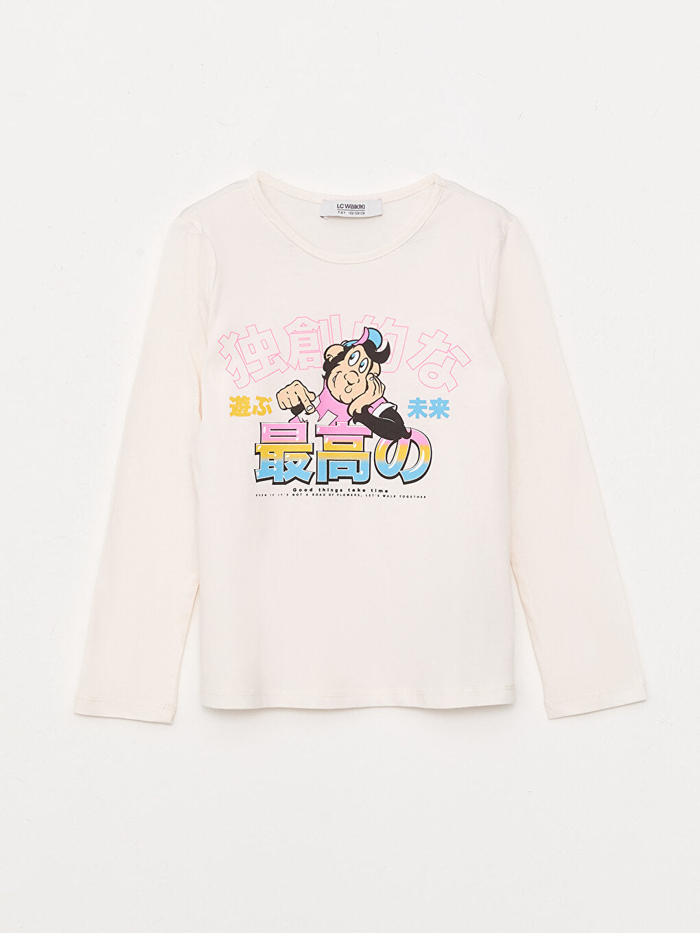 Crew Neck Nostalgic Monkey Printed Long Sleeve Girls' T-Shirt