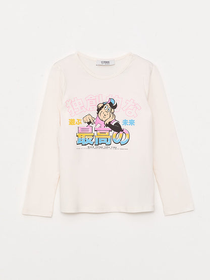 Crew Neck Nostalgic Monkey Printed Long Sleeve Girls' T-Shirt