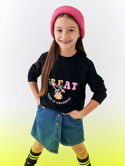 Crew Neck Nostalgic Monkey Printed Long Sleeve Girl's Sweatshirt