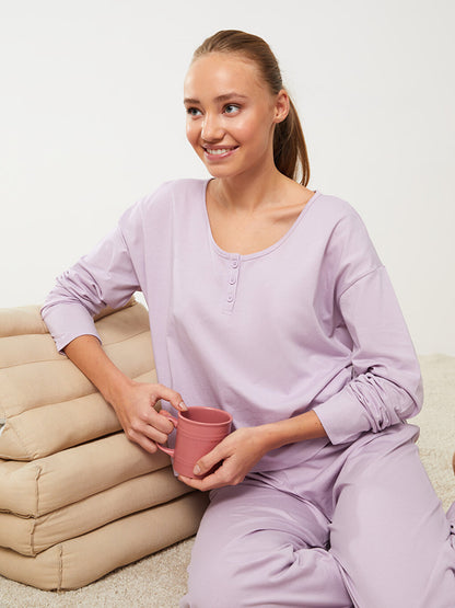 V-Neck Plain Long Sleeve Women's Pajama Set