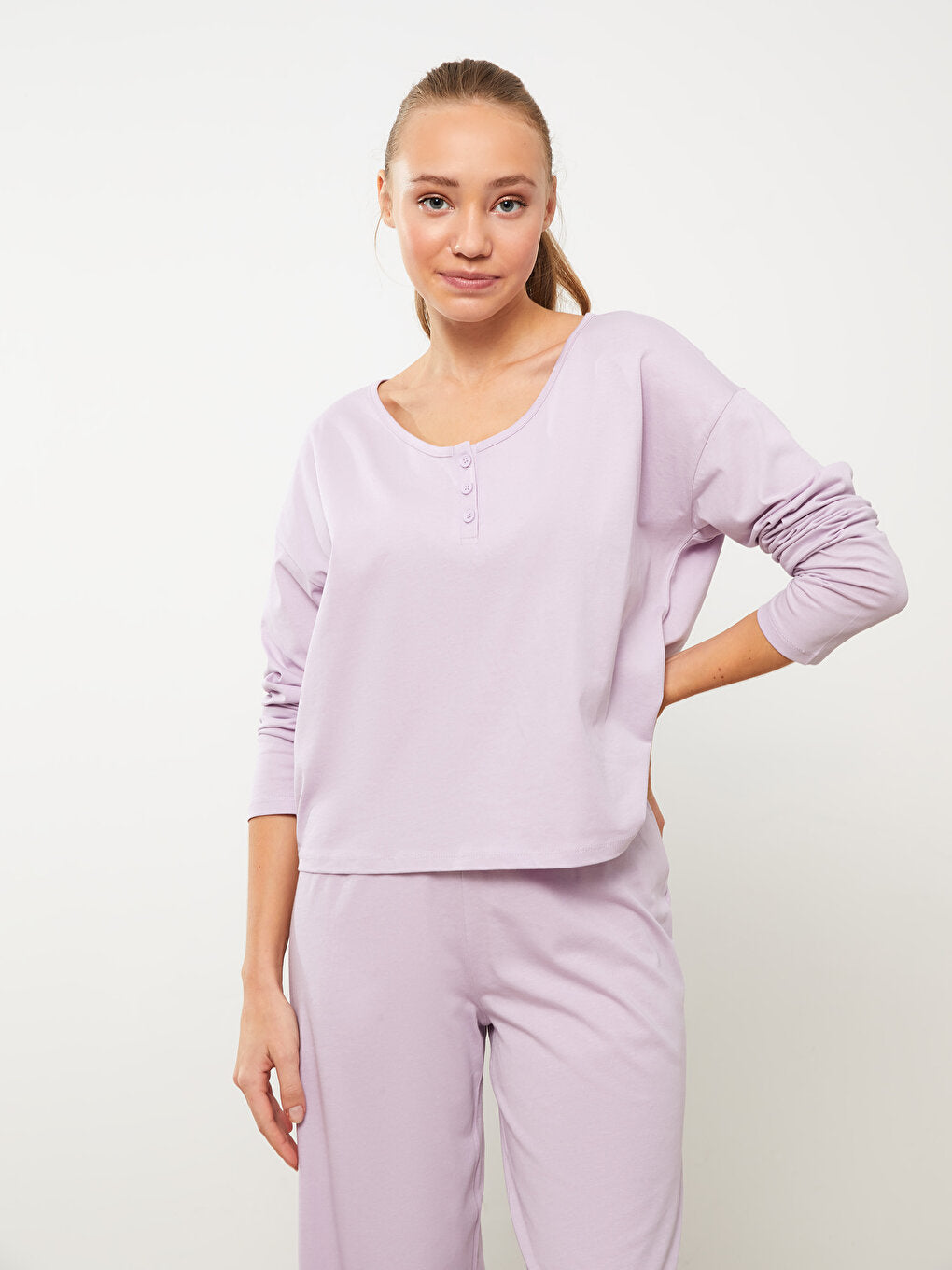 V-Neck Plain Long Sleeve Women's Pajama Set