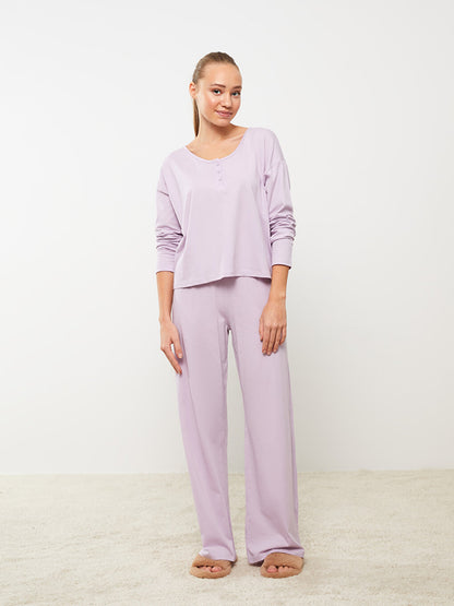 V-Neck Plain Long Sleeve Women's Pajama Set