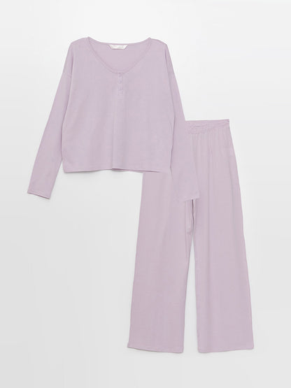 V-Neck Plain Long Sleeve Women's Pajama Set