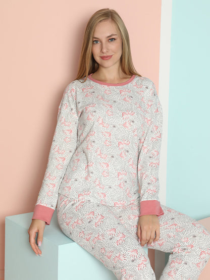 Crew Neck Patterned Long Sleeve Women's Pajama Set