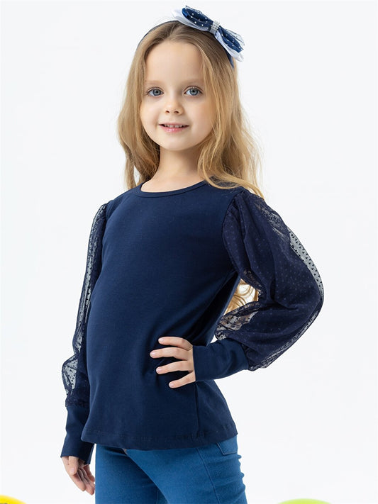 Crew Neck Long Sleeve Girl's Blouse