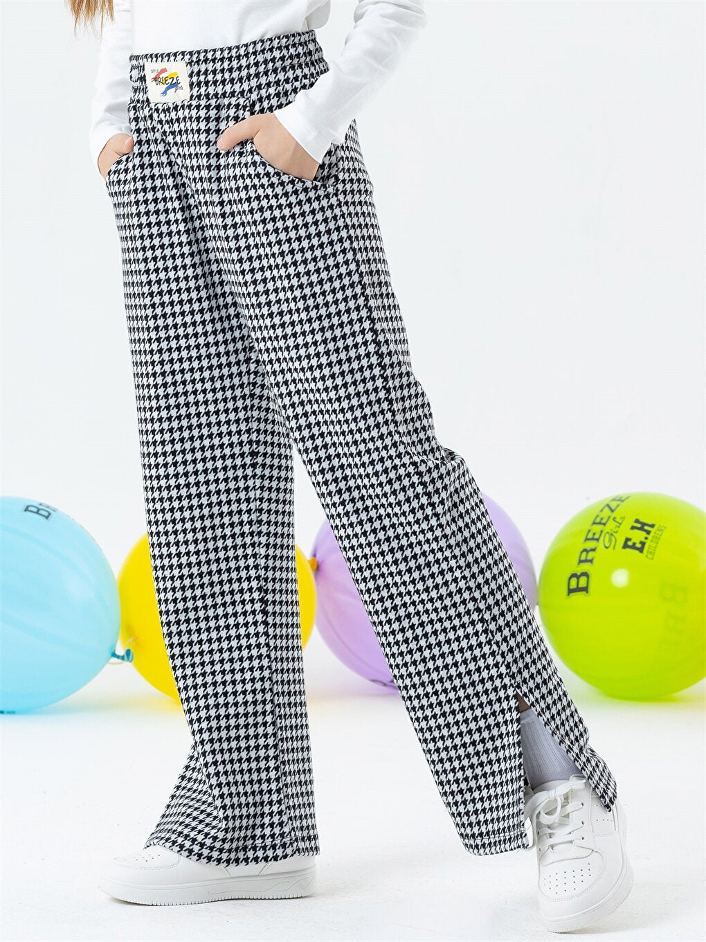 Houndstooth Patterned Girls' Trousers with Elastic Waist