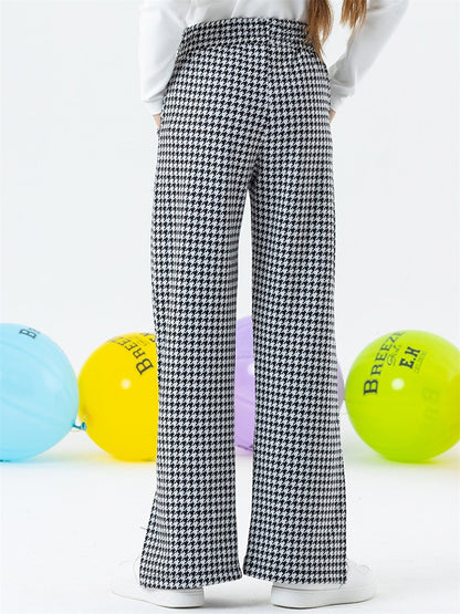 Houndstooth Patterned Girls' Trousers with Elastic Waist