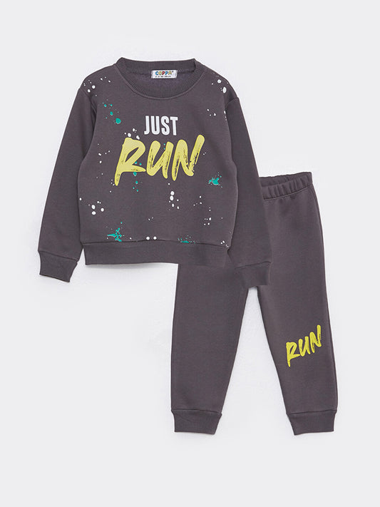 Crew Neck Long Sleeve Printed Baby Boy Sweatshirt and Tracksuit Bottom 2-Piece Set