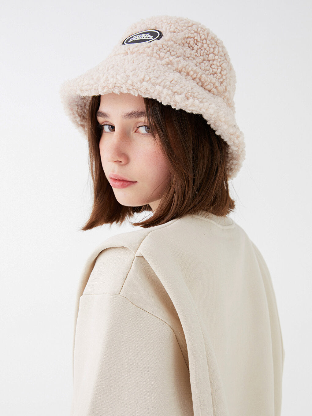 Women's Plush Bucket Hat with Label Detail