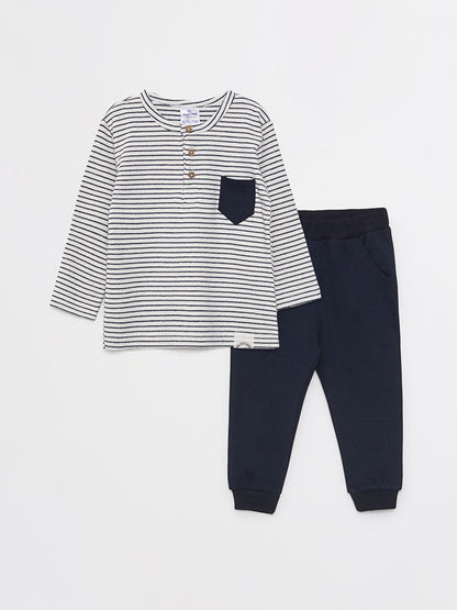 Crew Neck Long Sleeve Striped Baby Boy T-Shirt and Tracksuit Bottom 2-pack