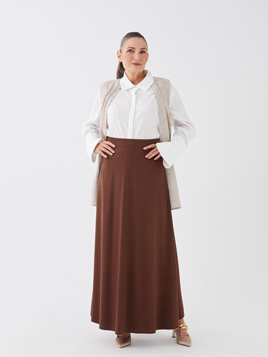 Plain Women's Flared Skirt with Elastic Waist