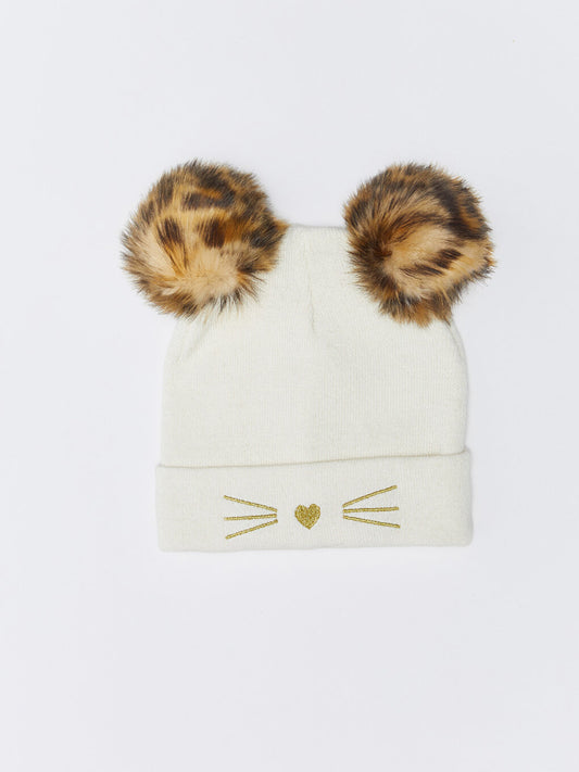 Embroidered Pompom Girl's Knitwear Beanie