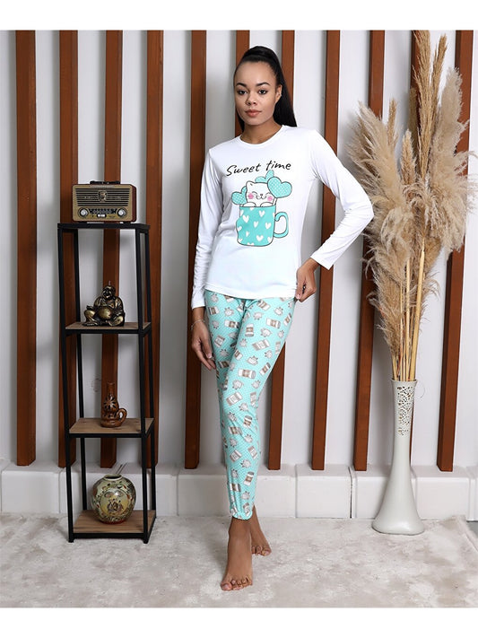 Crew Neck Printed Long Sleeve Women's Pajama Set