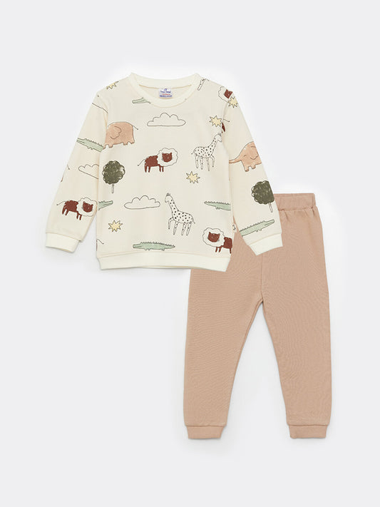 Crew Neck Long Sleeve Printed Baby Boy Sweatshirt and Tracksuit Bottom 2-Piece Set