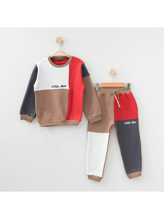 Crew Neck Long Sleeve Embroidery Detailed Baby Boy Sweatshirt and Tracksuit Bottom 2-Piece Set