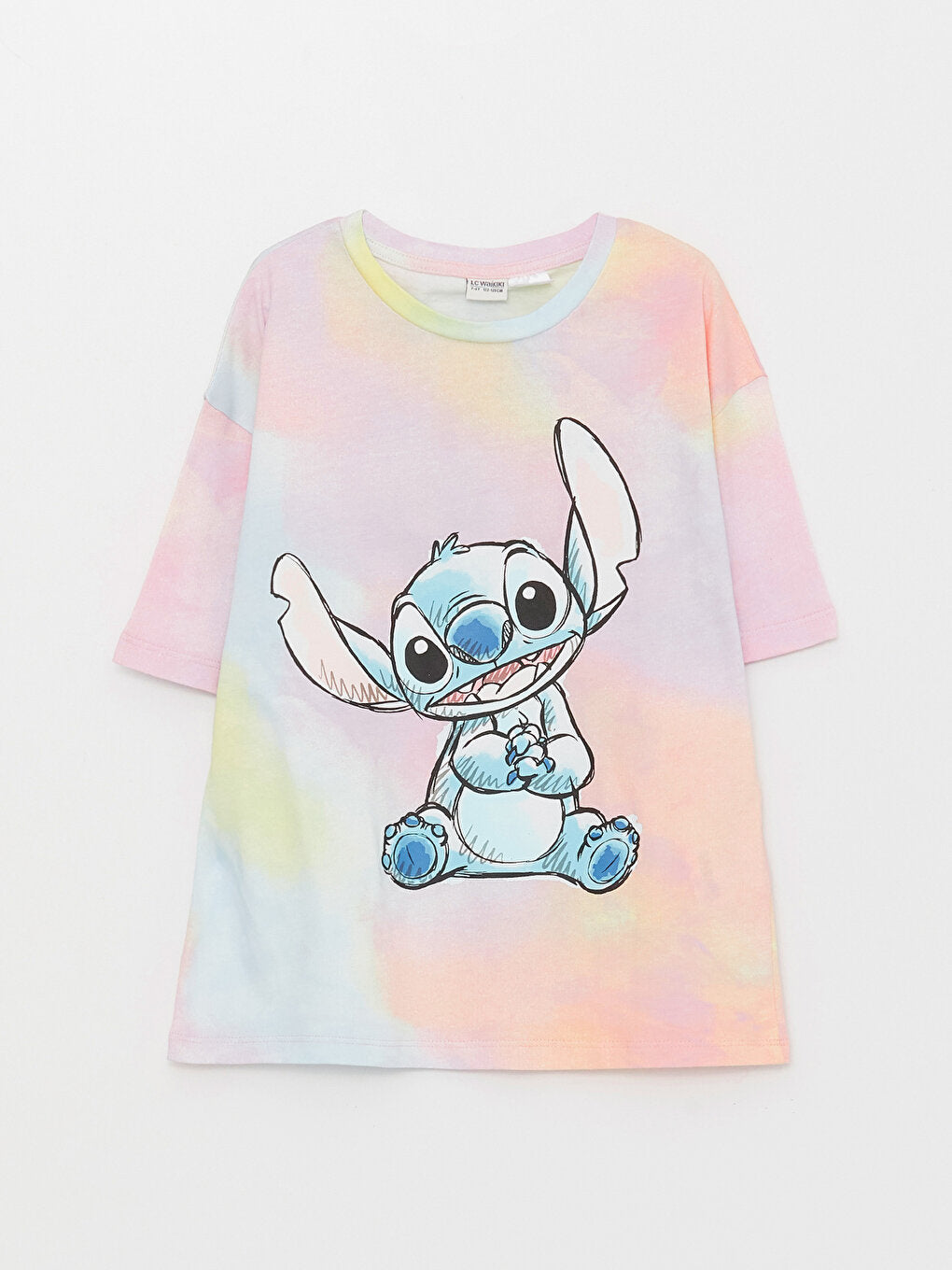 Crew Neck Lilo and Stitch Printed Short Sleeve Cotton Girls' T-Shirt