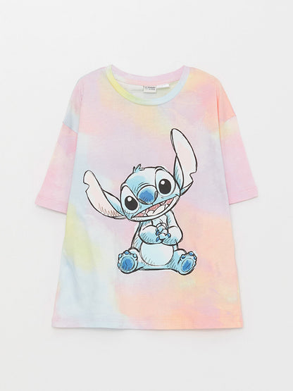 Crew Neck Lilo and Stitch Printed Short Sleeve Cotton Girls' T-Shirt