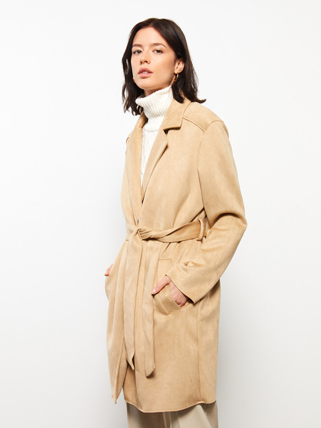 Jacket Collar Plain Long Sleeve Suede Look Women's Trench Coat