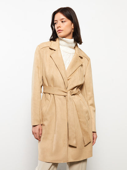 Jacket Collar Plain Long Sleeve Suede Look Women's Trench Coat