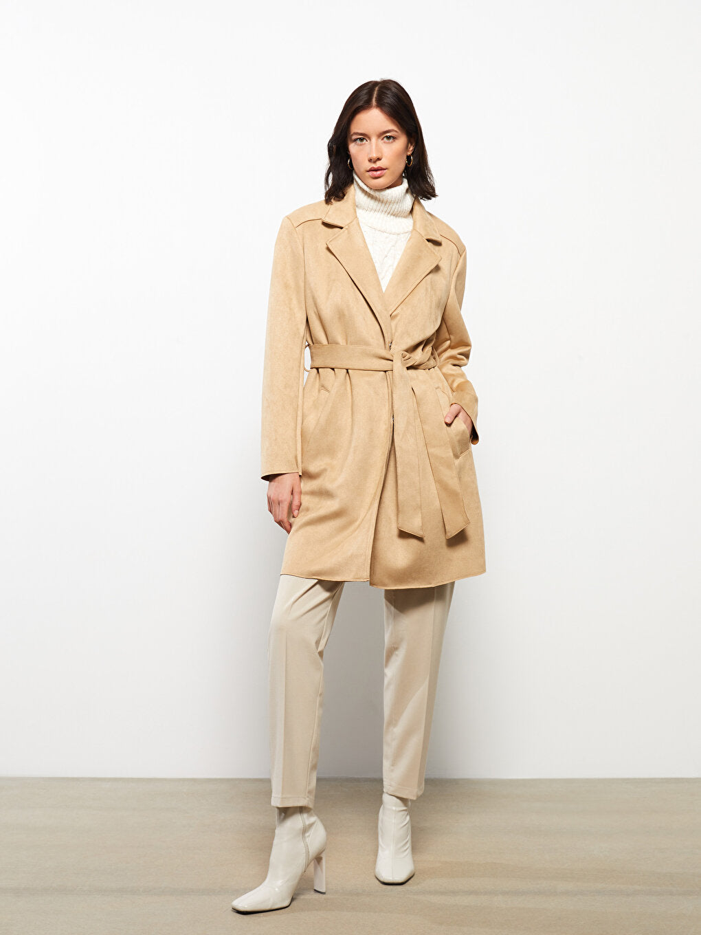 Jacket Collar Plain Long Sleeve Suede Look Women's Trench Coat