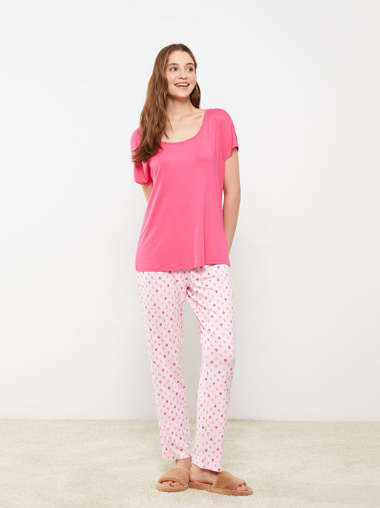 U-Neck Patterned Short Sleeve Women's Pajama Set