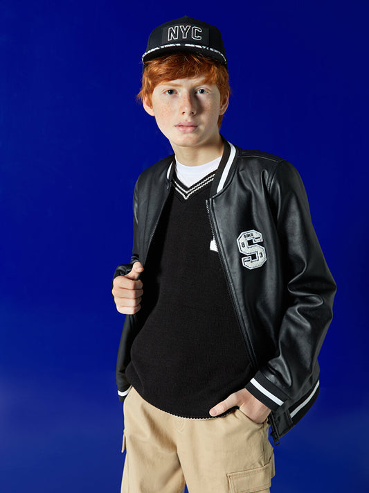 College Collar Leather Look Boy's Coat