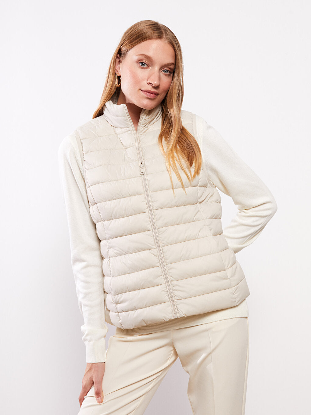 Women's High Collar Plain Puffer Vest