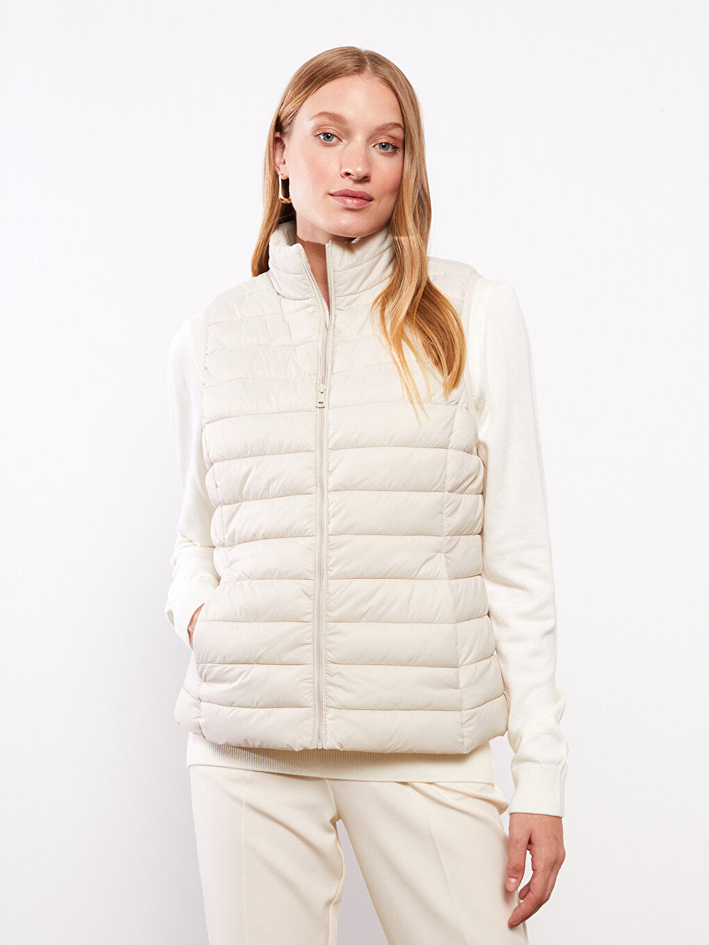 Women's High Collar Plain Puffer Vest