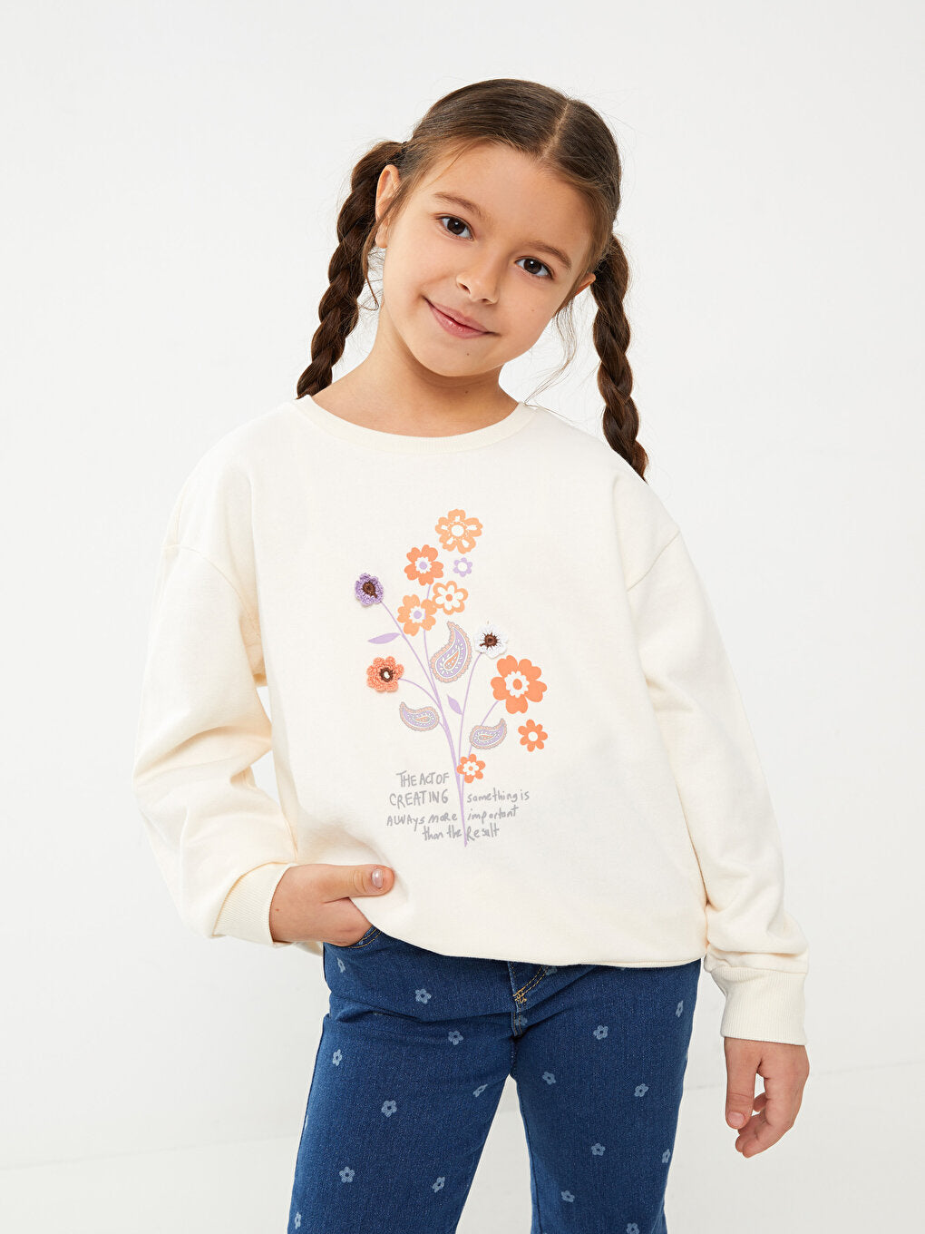 Crew Neck Printed Long Sleeve Girl's Sweatshirt