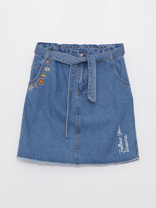 Embroidered Girl's Jean Skirt with Elastic Waist