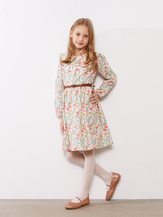 Baby Collar Patterned Long Sleeve Girl's Dress